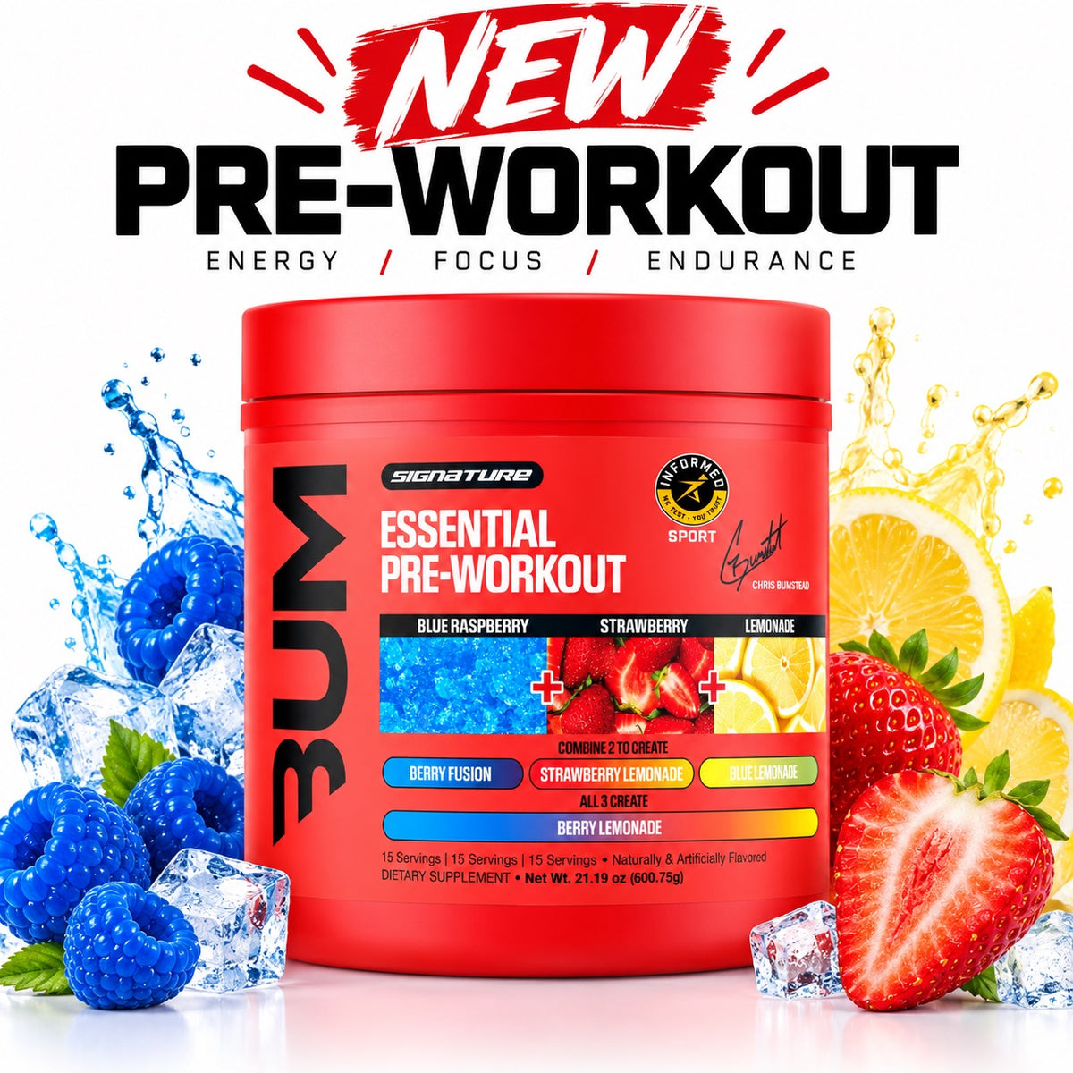 BUM Signature Essential Pre-Workout – 45 Servings, Blue Raspberry, Strawberry Lemonade