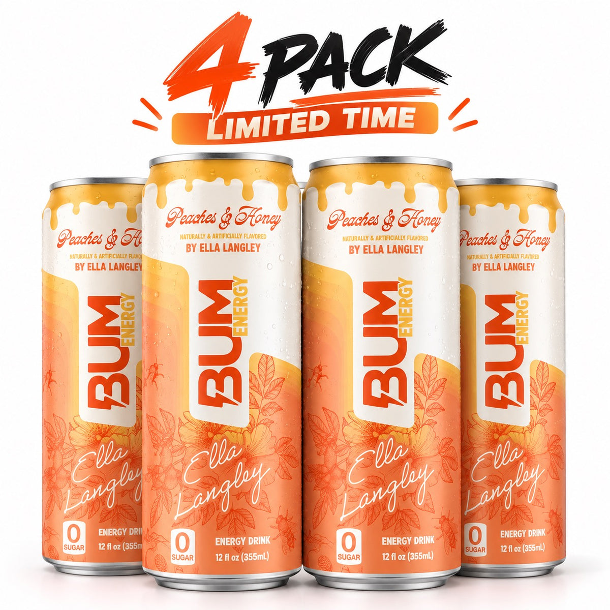 BUM Energy x Ella Langley – Peaches & Honey, Limited Edition, 4-Pack, 12 fl oz Cans