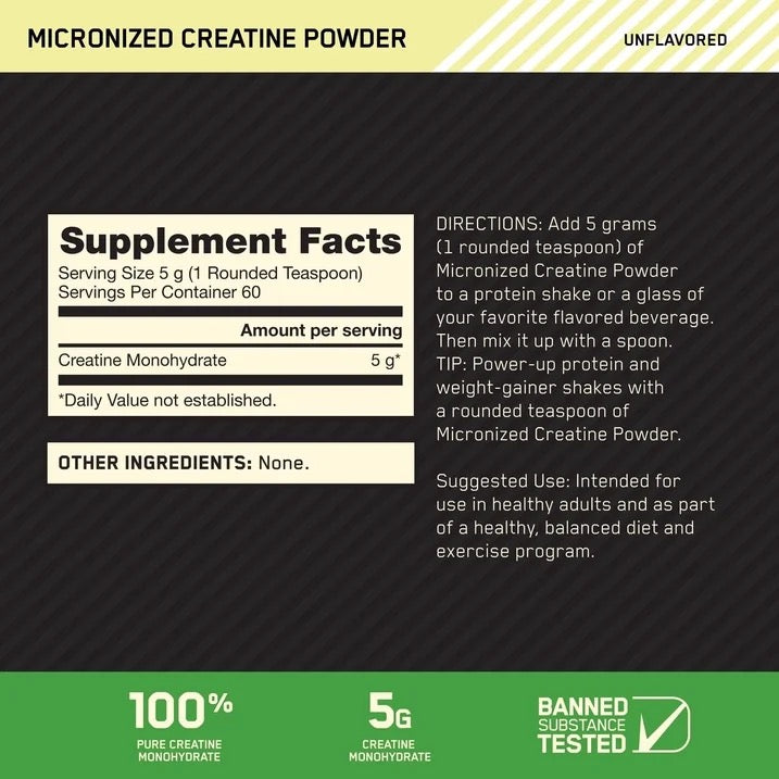 Optimum Nutrition Micronized Creatine Powder – Unflavored, 300g, 60 Servings