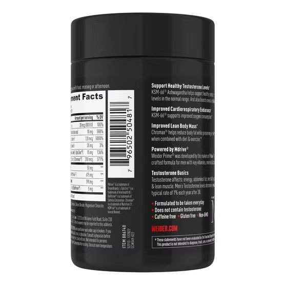 Weider Prime Testosterone Support 120 Capsules with Ashwagandha Vitamin D & Chromax