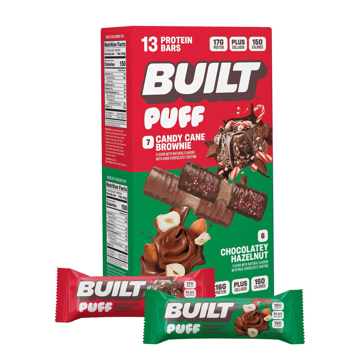 BUILT Puff Protein Bars Variety Pack – Candy Cane Brownie & Chocolatey Hazelnut